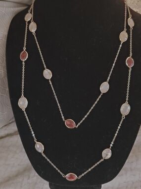 Elegant Gold Long Station Necklace with Red and White Stones